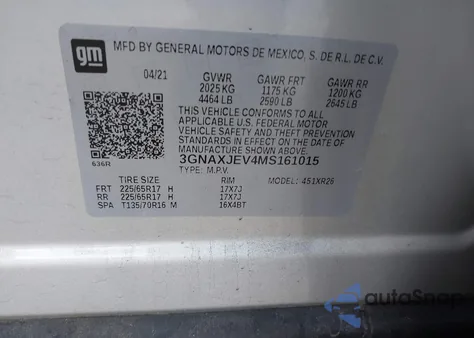 2021 Chevrolet Equinox Fwd 2Fl from USA, damaged, VIN 3GNAXJEV4MS161015